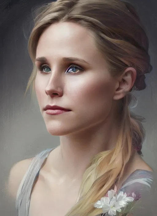 Image similar to beautiful portrait ofkristen bell, soft features, by magali villeneuve and greg rutkowski and artgerm and alphonse mucha and jeremy lipkin and michael garmash and rob hay, intricate, elegant, highly detailed, photorealistic, trending on artstation, trending on cgsociety, 8 k, sharp focus