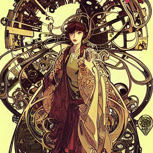 Image similar to alphonse mucha yoji shinkawa moebius jean girard shintaro kago junji ito esoteric hypnogogic ethereal ethereality dreamy combat mech dieselpunk incredible intricate machinery illusionary art and trash polka