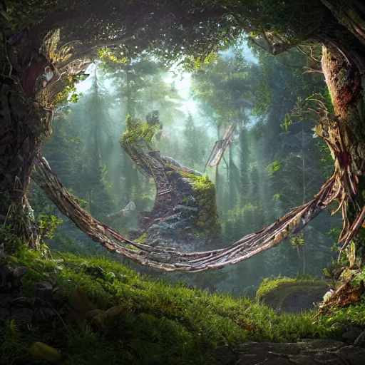 Prompt: a fantasy portal opens above the treetops of a forest, storybook illustration, octane render, detailed painting, by katherine federer, anthony pafford, harry gamboa and tracy flickinger