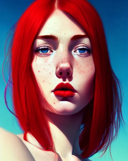 Image similar to a detailed portrait of an attractive!!!! woman with red hair and freckles by ilya kuvshinov, digital art, dramatic lighting, dramatic angle