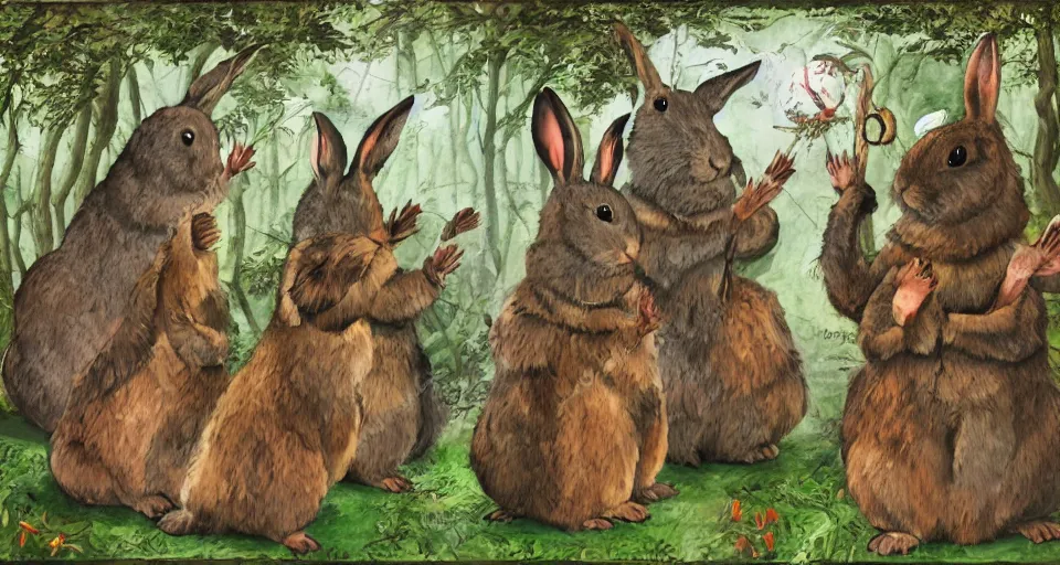Prompt: shamanic ritual, A group of rabbits performing a shamanic ritual in a forest