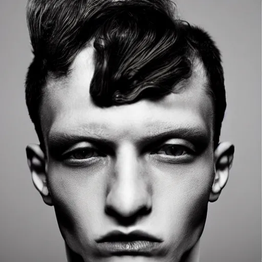 Prompt: a beautiful young male wearing iris van herpen, photographed by erwin olaf