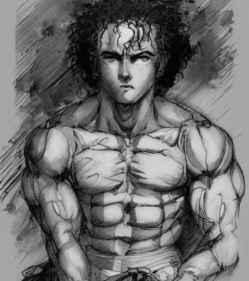 Image similar to portrait of anime baki the grappler in shorts, pen and ink, intricate line drawings, by craig mullins, ruan jia, kentaro miura, greg rutkowski, loundraw