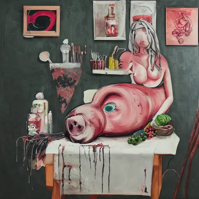 Image similar to “ a portrait in a female art student ’ s apartment, sensual, a pig theme, pork, art supplies, surgical iv bag, octopus, ikebana, herbs, a candle dripping white wax, japanese pottery, squashed berries, berry juice drips, acrylic and spray paint and oilstick on canvas, surrealism, neoexpressionism ”