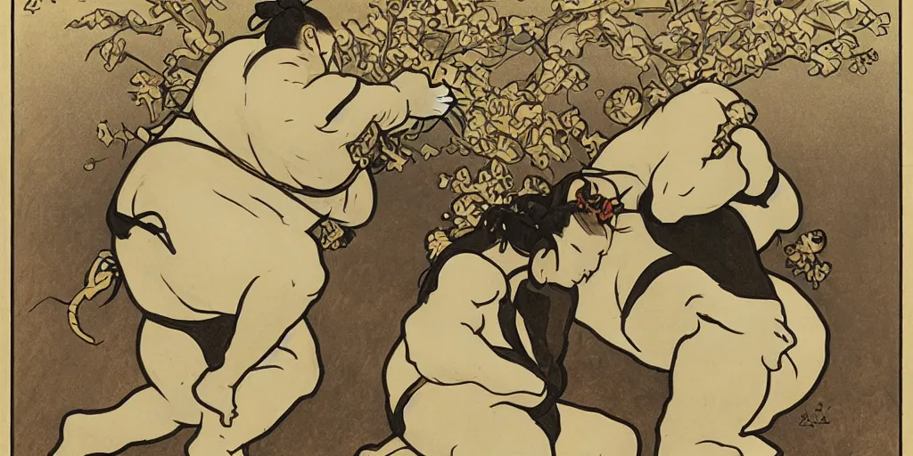 Prompt: sumo wrestling, Alphonse Mucha