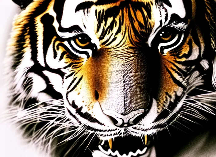 Prompt: an extremely detailed masterpiece grunge drawing of a tiger's face, in the style of richard avedon, after life, loony toons style, horror themed, detailed, elegant, intricate, trending on artstation, 4 k