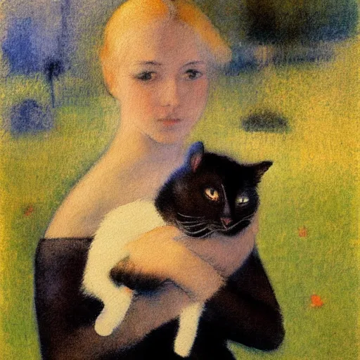 Prompt: Ciri holding a cat, art, minimalistic painting, watercolor on paper, high quality, by Edgar Degas, by Georges Seurat