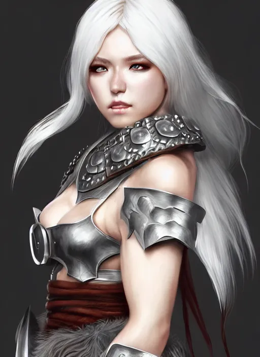 Image similar to barbarian, fur leather armor!!! beautiful and elegant white hair female!! gorgeous ayes!! character concept art, sharp focus, octane render! unreal engine 5! highly rendered!! trending on artstation!! detailed linework!! illustration by artgerm, wlop, and chie yoshii