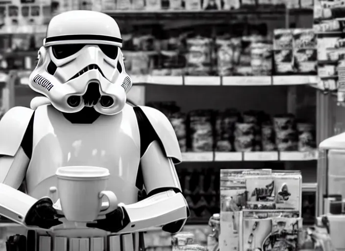 Image similar to film still of a storm trooper holding a cup of coffee in a convenience store working as a clerk in a convenience store checking out a storm trooper in the new Star Wars movie, 4k, black and white