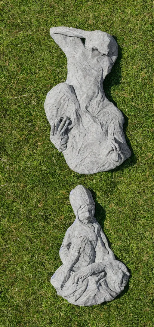 Prompt: alien statue in stone on a plane of grass