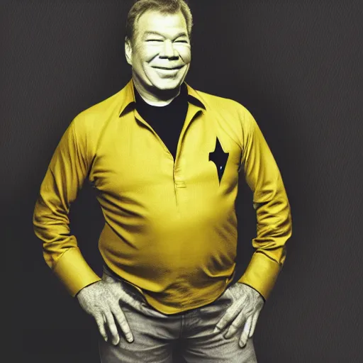 Image similar to william shatner wearing a gold shirt with black collar, digitla art