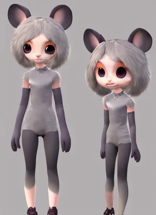 Prompt: female furry mini cute style, character adoptable, highly detailed, rendered, ray - tracing, cgi animated, 3 d demo reel avatar, style of maple story and zootopia, maple story rat girl, grey rat, grey skin, soft shade, soft lighting