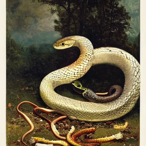 Image similar to A beautiful mixed media art of a snake eating its own tail that seems to go on forever. orpist by Albert Bierstadt, by Cornelia Parker lively