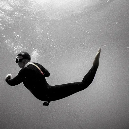 Prompt: A man swimming underwater, there is a submarine behind him