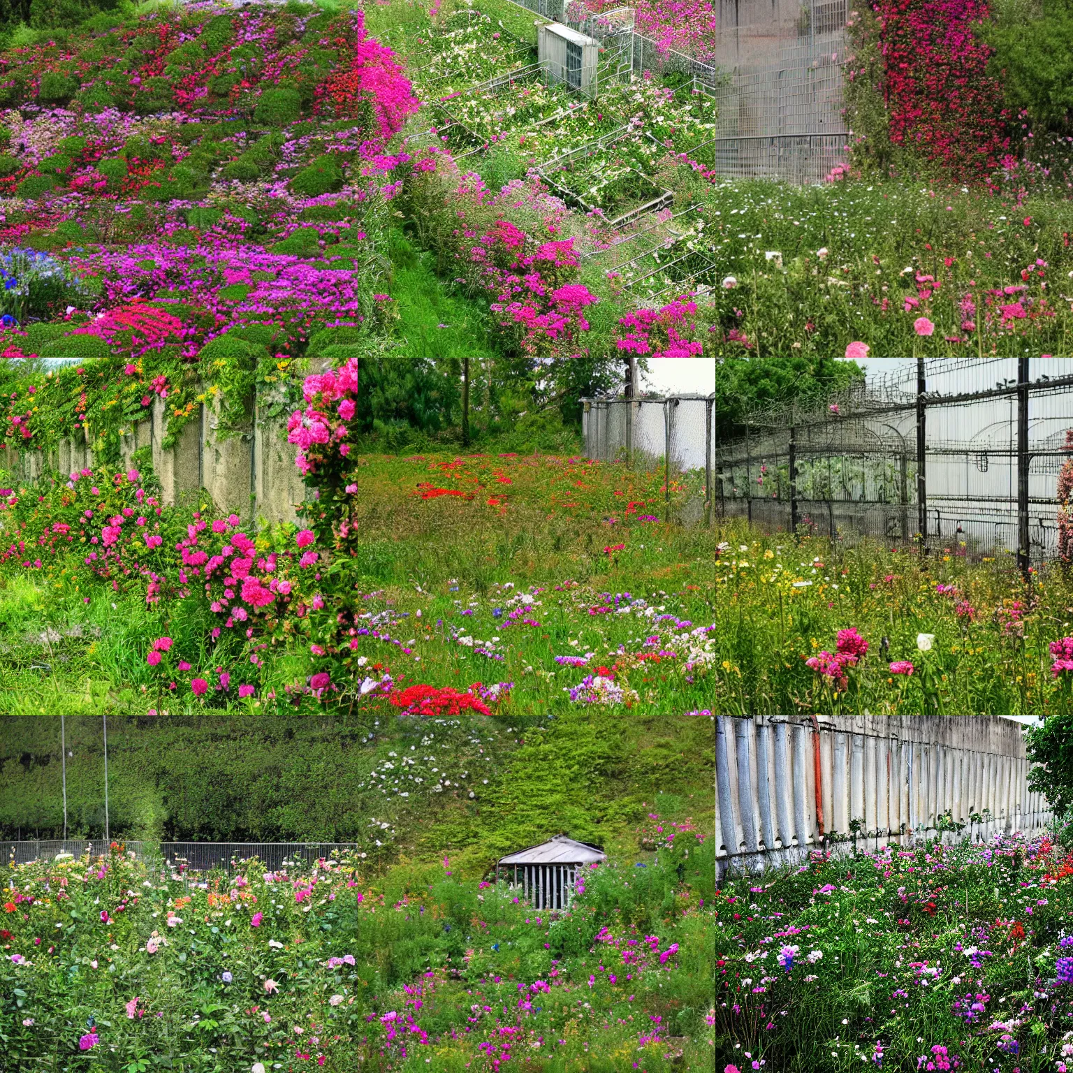 Prompt: prison overgrown with flowers, photo