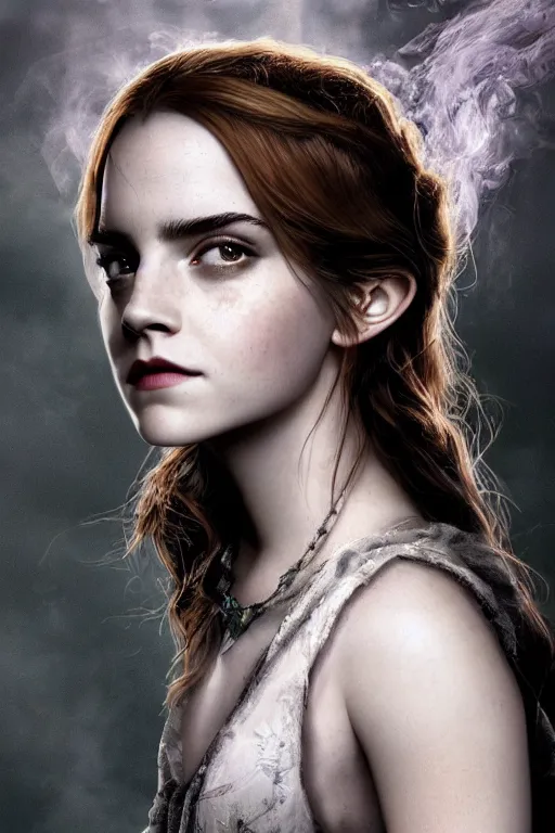 Image similar to a mix of of emma watson, anya taylor - joy and emma stone, evil sorceress witch, victorian manor house, hyperrealism, octane render, extremely detailed, intricate smoke magic, lace, style of mark ryden, earl nore, hyung tae, frank frazetta