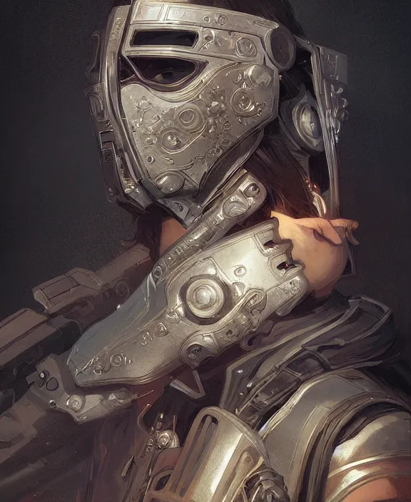 Image similar to portrait of a cyberpunk masked soldier, half body, d & d, fantasy, intricate, elegant, highly detailed, digital painting, artstation, concept art, art by artgerm and greg rutkowski and alphonse mucha