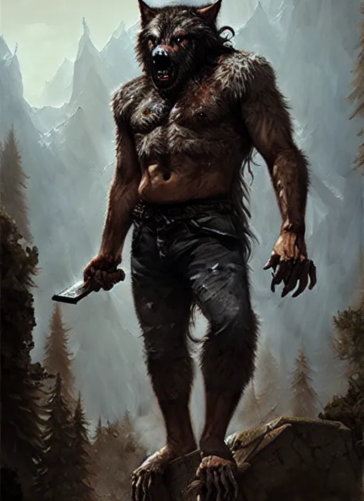 Image similar to rugged werewolf, dnd, fantasy oil _ painting _ unreal _ 5 _ daz. _ rpg _ extremely _ detailed _ artgerm _ greg rutkowski