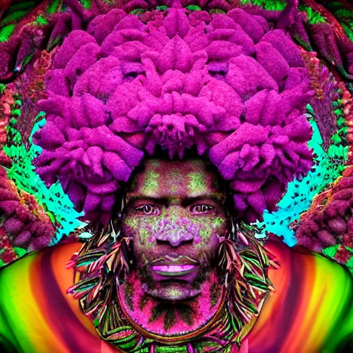 Image similar to an african marijuanna! shaman with an afro made of flowers, third eye art art by machina infinitum, complexity from simplicity, rendered in octane, mandelbulb 3 d, ambient occlusion, macro photography, felt!!! texture, tribal, neon! retrowave