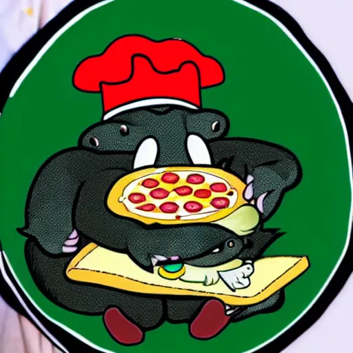 Image similar to cute platypus wearing a chef hat and holding a pizza with three basil leaves over the lasagna