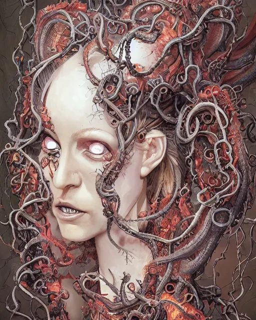 Image similar to centered horrific detailed side view profile portrait of a insane, crazed, mad zombie woman, ornate tentacles growing around, ornamentation, thorns, vines, tentacles, elegant, beautifully soft lit, full frame, by wayne barlowe, peter mohrbacher, kelly mckernan, h r giger