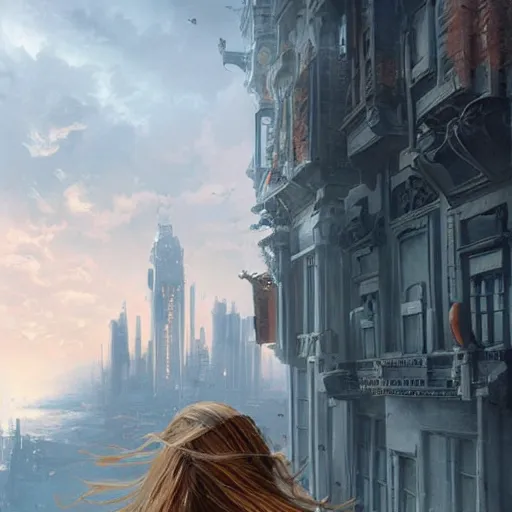 Prompt: a beautiful giant woman over a city, blonde, long hair, by greg rutkowski