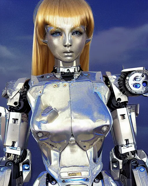 Prompt: female angel with solarpunk mecha humanoid robotic parts with bright led lights, pudica pose gesture, by renoir, ultra - realistic and intricate, hdr 8 k