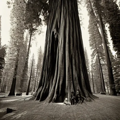 Image similar to house built into and inside a single giant sequoia. photograph by jerry uelsmann.