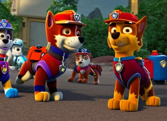 Prompt: a still from the gritty live-action adaptation of Paw Patrol