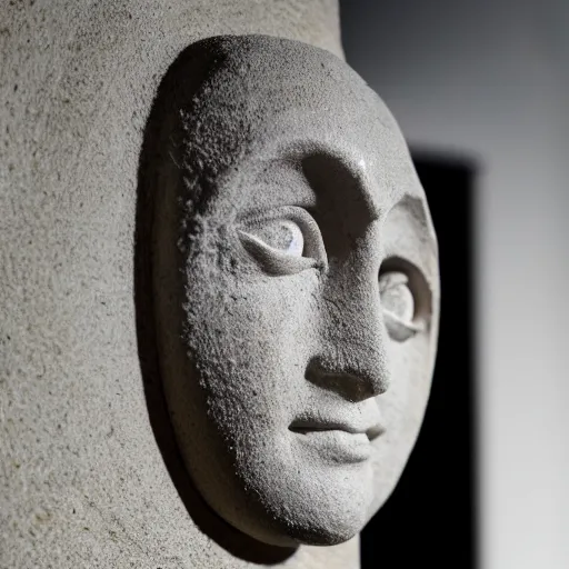 Prompt: medium - shot museum photo of sculpture of an ancient stone eye, almond shape, the white limestone sclera, the black stone pupil, greece, rome, studio lighting, professional, promo,