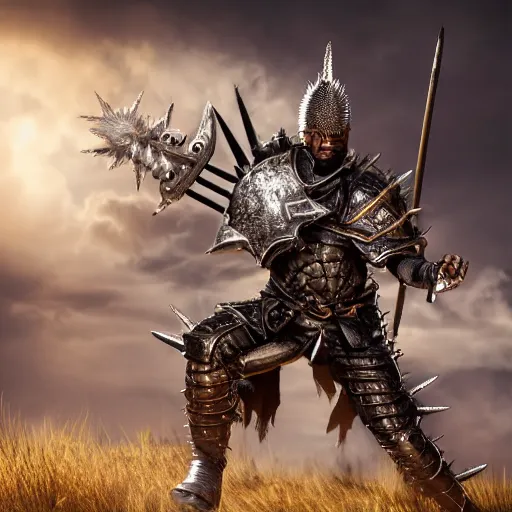 Prompt: warrior with spiky armour and a mace, highly detailed, dramatic lighting, cinematic, 4k