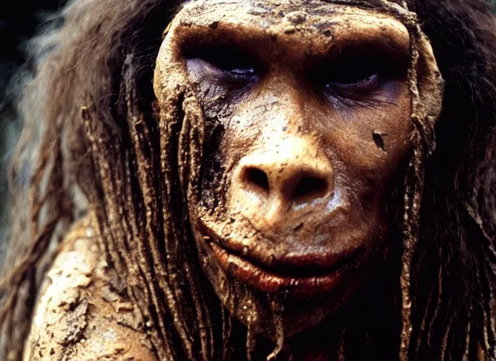 Image similar to attractive neanderthal woman covered in mud, movie still, from the movie quest for fire, 8 k, realistic