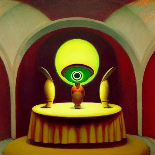 Prompt: three biomorphic robotic seers watchers oracles soothsayers with glowing eyes portrait, inside a dome, pj crook, grant wood, edward hopper, syd mead, chiaroscuro, oil on canvas