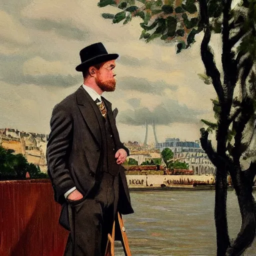 Image similar to mcgregor is dressed as a gentleman at early 2 0 th century paris. he is watching an easel. that easel has a canvas on it. ewan mcgregor has a brush on his hand. he is painting a painting. realistic painting with strong outlines. background has river seine, morning sun, dark clouds, by jack kirby