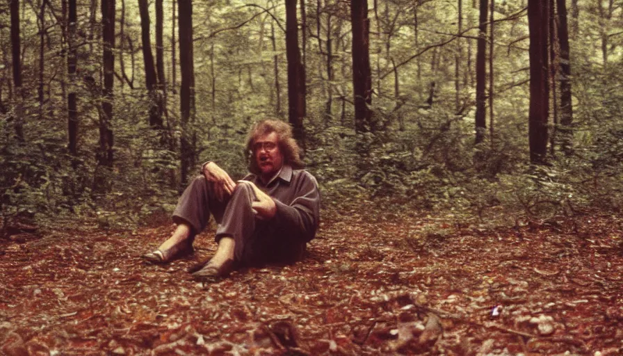 Image similar to 7 0 s film still from a horror movie with a man sitting in a forest, kodachrome, cinecolor, cinestill, photorealism, cinematic, film grain, film texture, vhs recording