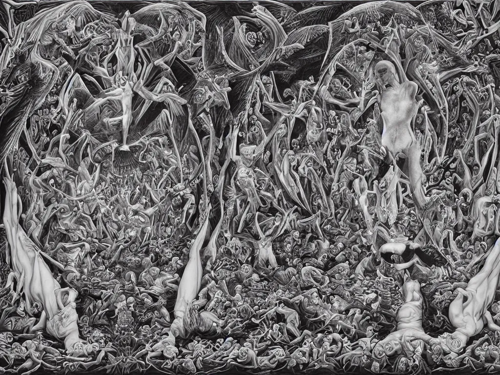 Image similar to meditation on death by Alex Grey and M. C. Escher collaboration