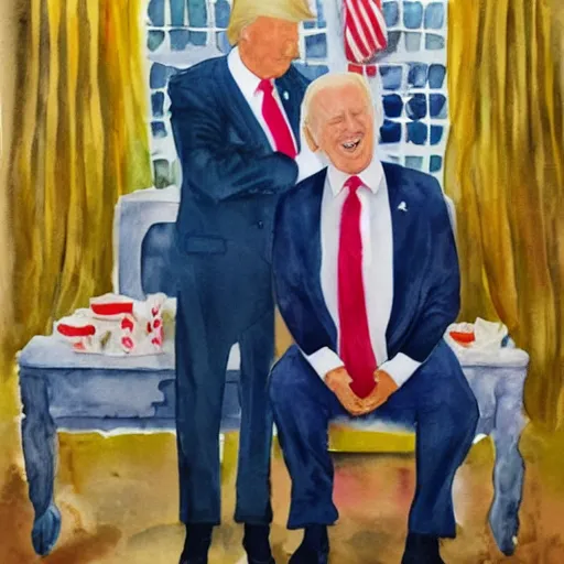 Image similar to donald trump and joe biden at a pyjama party, watercolor