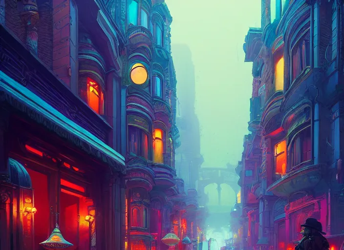 Prompt: A psychedelic challis clockwork behir one point perspective city street, vibrant color scheme, highly detailed, in the style of romanticism, cinematic, artstation, Moebius, Greg rutkowski