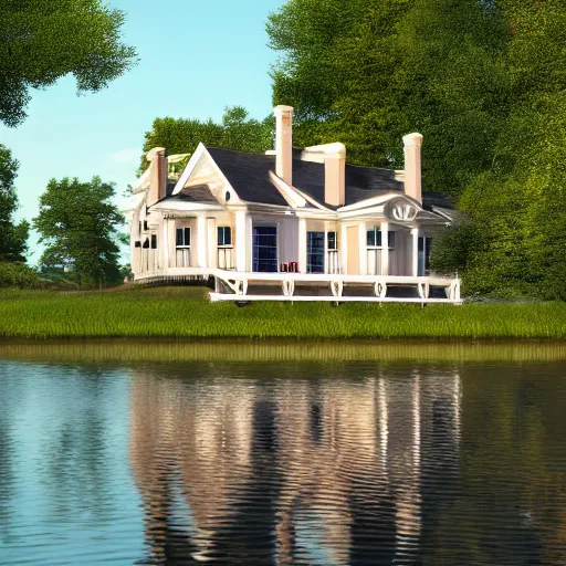 Prompt: a beautiful photography of an house on a lake, 4k textures, unreal engine, CANON EOS C300, ƒ4, 200mm, natural lights, trending on ArtStation, Maine, colonial style, photorealism