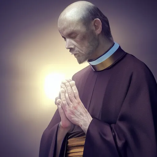 Image similar to Close up of a thin and stern catholic priest in his thirties fervently praying as he is about to die from the ominous yellow shadow descending upon him from the night sky. Low angle, dramatic lighting. Award-winning digital art, trending on ArtStation