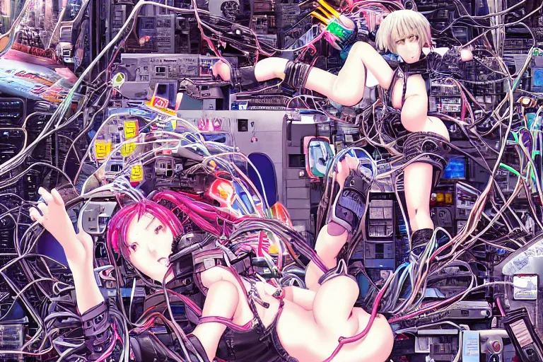 Image similar to cyberpunk anime illustration of a group of female android dolls lying on an empty white background in various poses with their bodies open showing a mess of wires and cables coming out, by katsuhiro otomo and masamune shirow, hyper-detailed, colorful, beautiful, manga, bird view