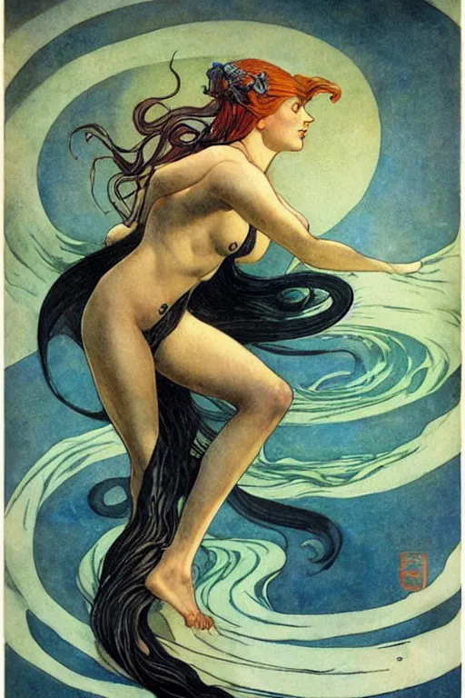 Prompt: dark evil mermaid with long flowing hair, by N.C. Wyeth, j.c. leyendecker, Bernie Wrightson