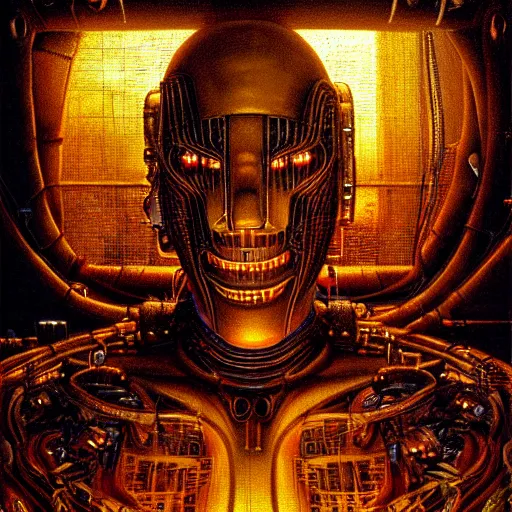 Prompt: Cyberpunk Cenobite, atmospheric lighting, painted, intricate, golden hour, ultra detailed by Peter Gric, Giger, Enki Bilal