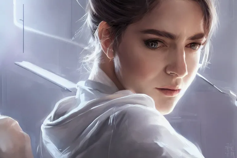 Image similar to a poster of emergency room, an elegant and beautiful female doctor in a white coat in a hospital ward, cinematic, highly detailed, digital painting, artstation, concept art, matte, sharp focus, illustration, art by artgerm and greg rutkowski