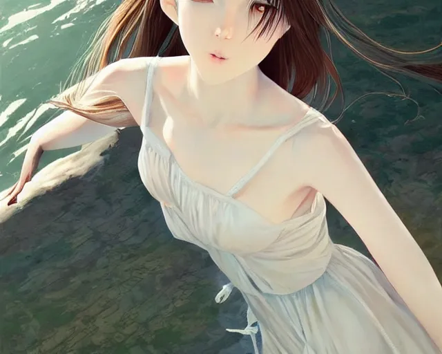 Image similar to infinitely detailed full - body portrait pale female peaceful dream angel wearing elegant clothes. beautiful! scenery art! by wlop & murata range, by ilya kuvshinov. artstation!! / pixiv!!