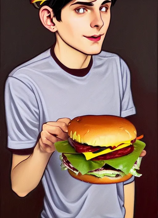 Image similar to oil painting, teenage jughead jones, wears a light grey crown, and devours a hamburger, wearing a light grey crown, intricate, elegant, closed eyes, highly detailed, pinocchio nose, lighting, painting, artstation, smooth, illustration, art by greg rutowski and alphonse mucha