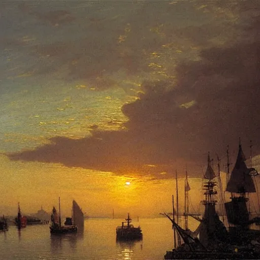 Prompt: view over a port, sunrise in july 1 8 0 0, romantic impressionism, artstation, illustration, oil on canvas, by caspar david friedrich