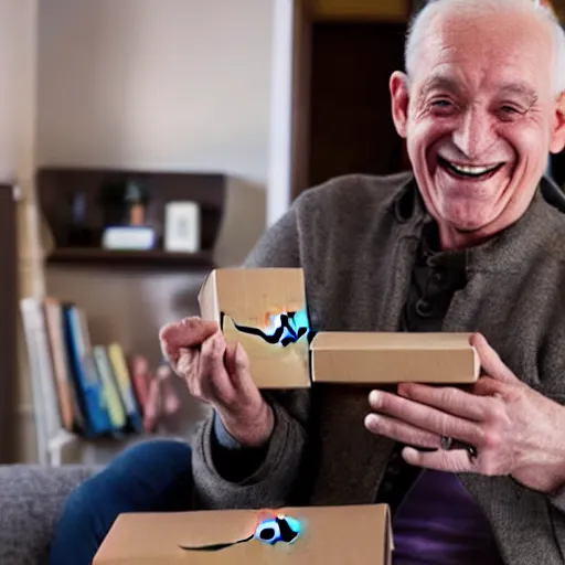 Image similar to an excited old man opening an amazon package full of diamonds