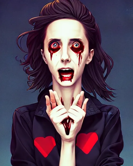 Prompt: loish, artgerm, Joshua Middleton art, pretty female Alison Brie serial killer holding bloody knife in right hand five fingers, blood on clothes and face, sarcastic smile, symmetrical eyes, symmetrical face, full body, jean jacket, jeans, short blonde hair, middle shot, night time, deep blacks