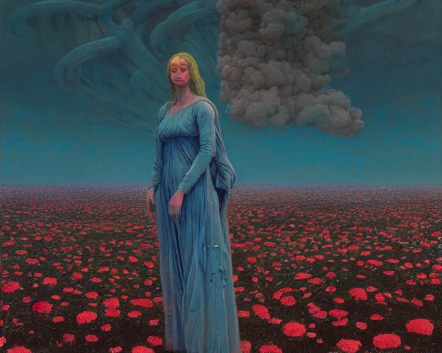 Image similar to A portrait of a woman wearing clothes made out of dying flowers, nuclear explosion in the background, Masterpiece, cyan skin, glowing, wires everywhere, by Edgar Maxence and Ross Tran, Zdzisław Beksiński, and Michael Whelan, distant, gustav dore, H.R. Giger, 8k, octane render